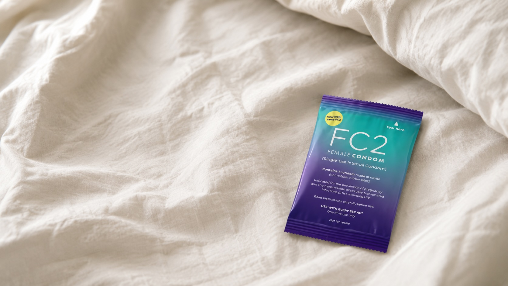 FC2 sachet on a bed