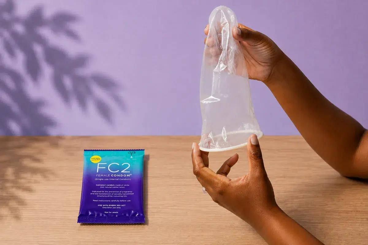 Hands holding the FC2 internal condom, with an FC2 sachet on the table beside it