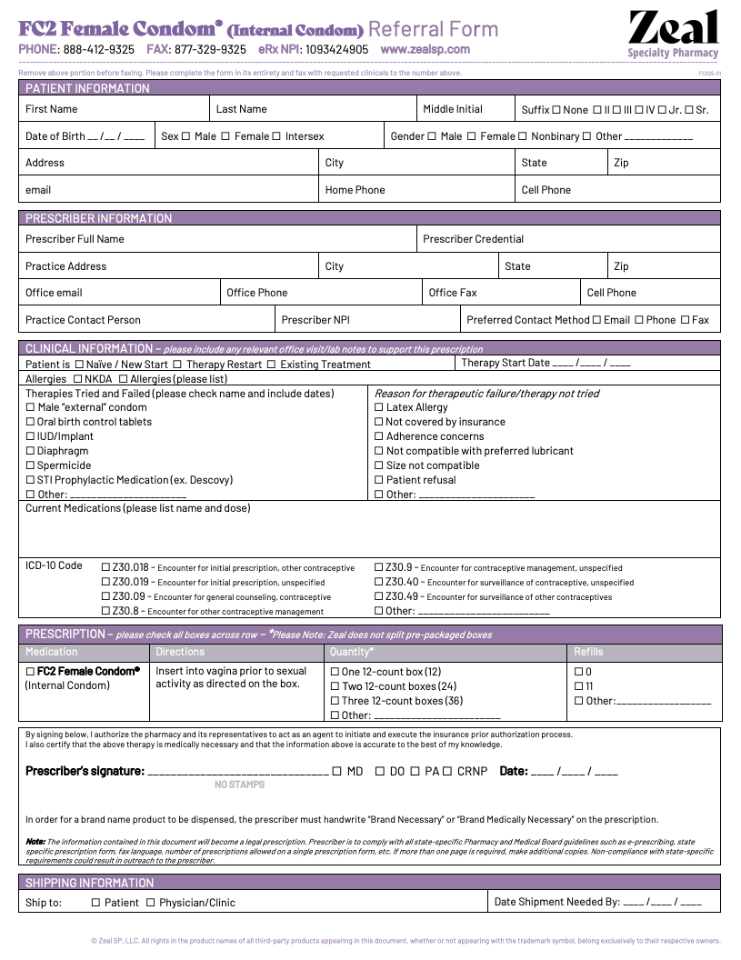 FC2 Female Condom (Internal Condom) Referral Form from Zeal Specialty Pharmacy